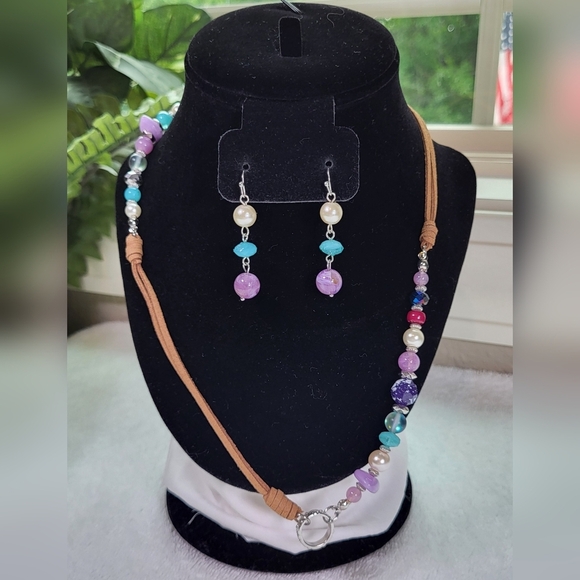 Cato Jewelry - CATO Purple and Teal Bead Corded Necklace and Dangle Earrings Set / Pierced